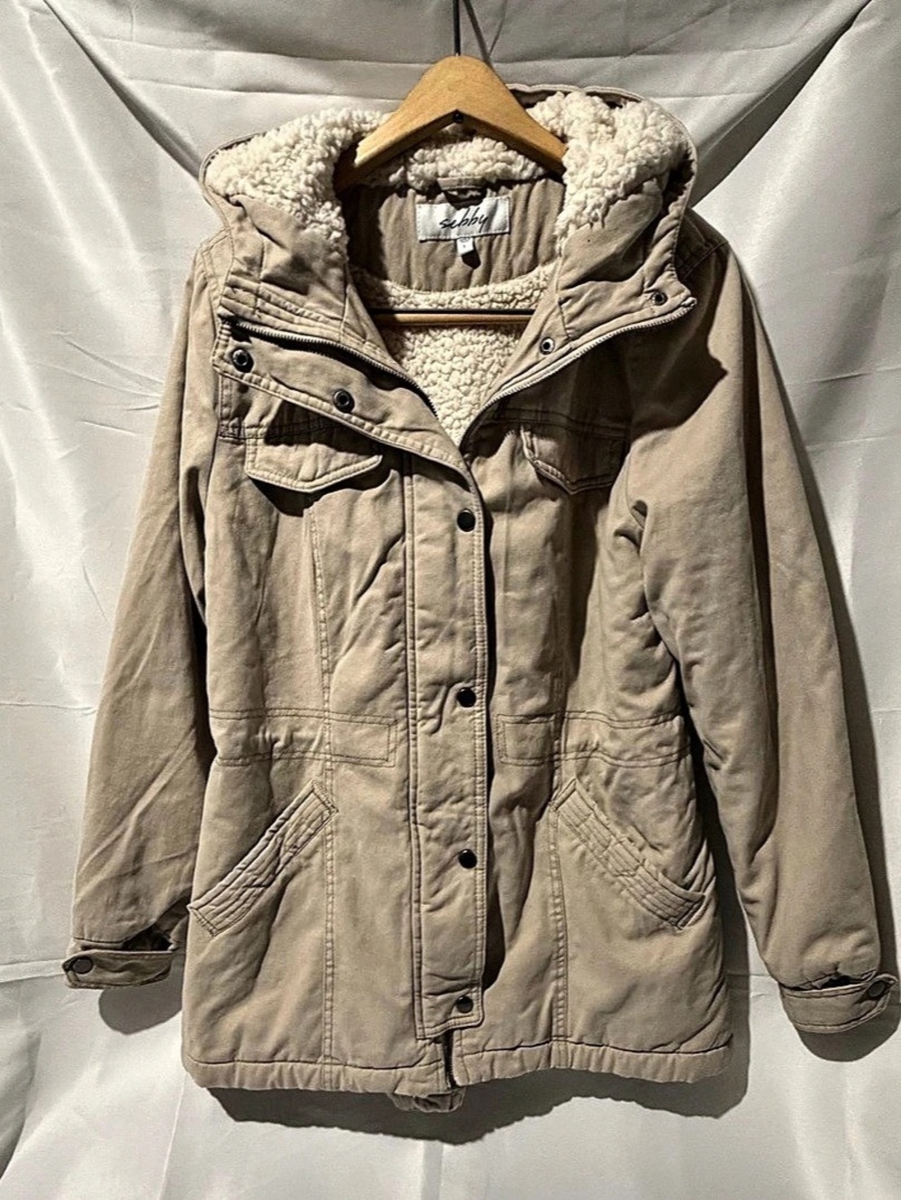 Sebby Sherpa Lined Hooded Utility Parka Jacket Beige Large